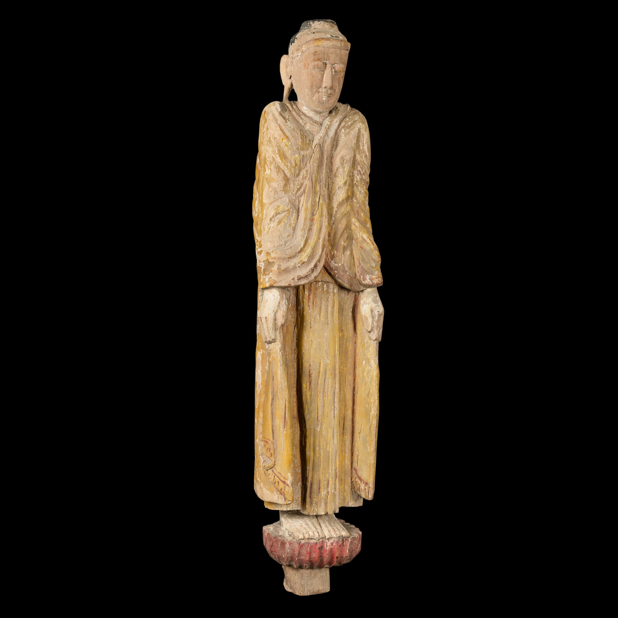 Birmania, Figura di Buddha stante in legno con tracce di policromia, XIX secolo