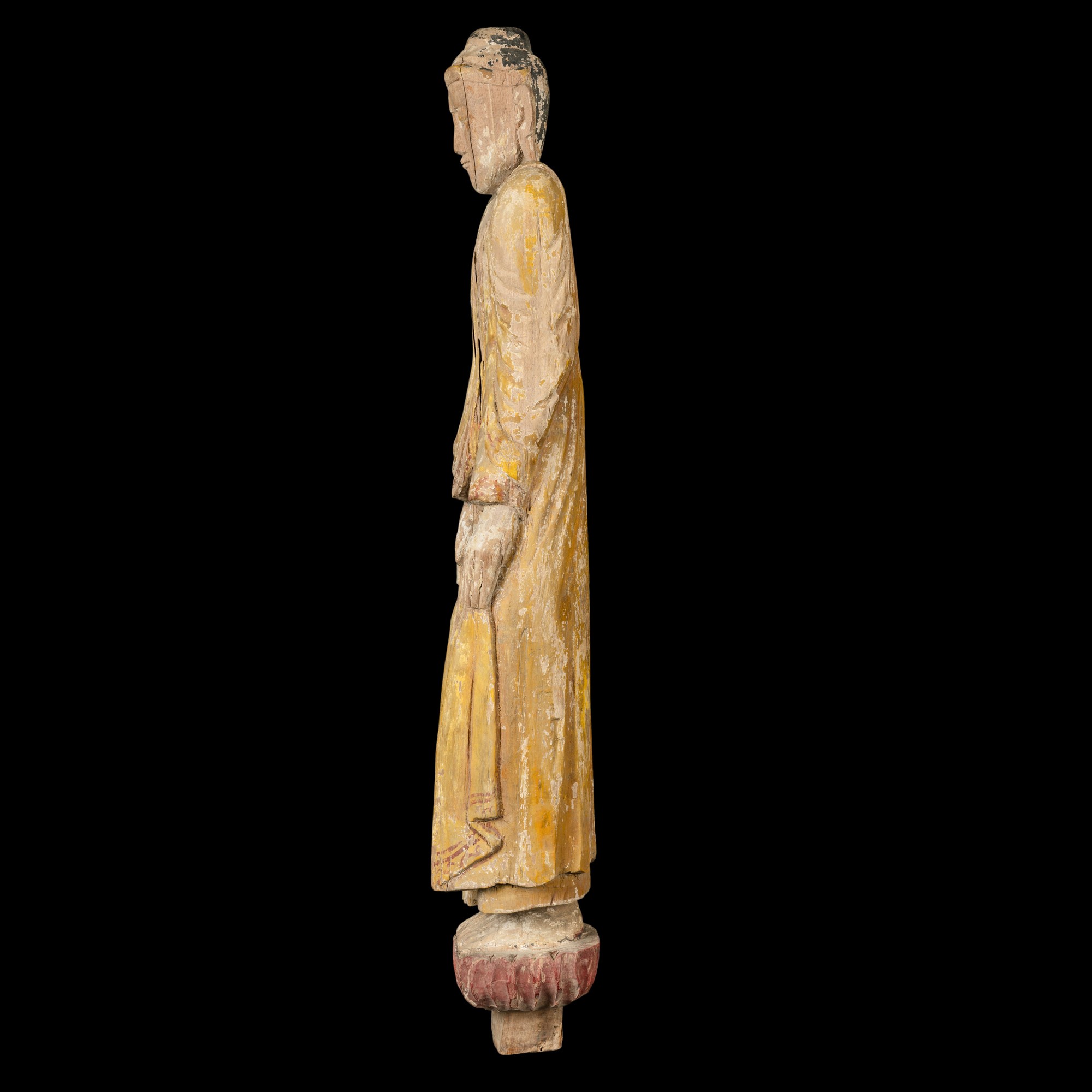 Birmania, Figura di Buddha stante in legno con tracce di policromia, XIX secolo