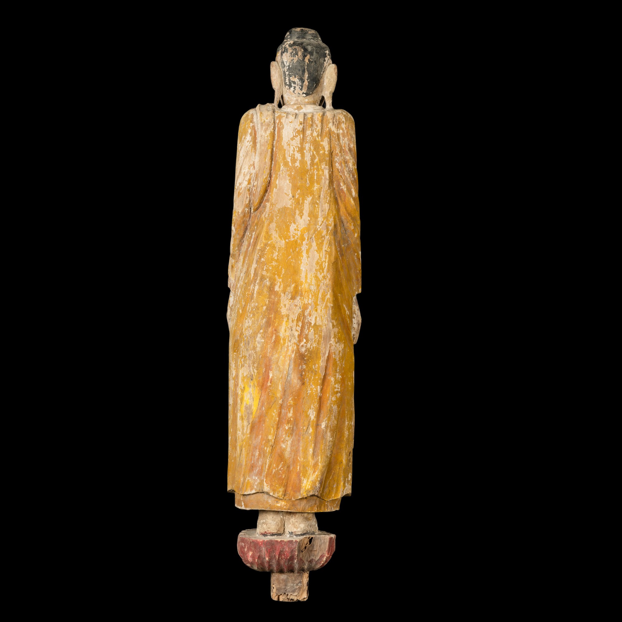 Birmania, Figura di Buddha stante in legno con tracce di policromia, XIX secolo