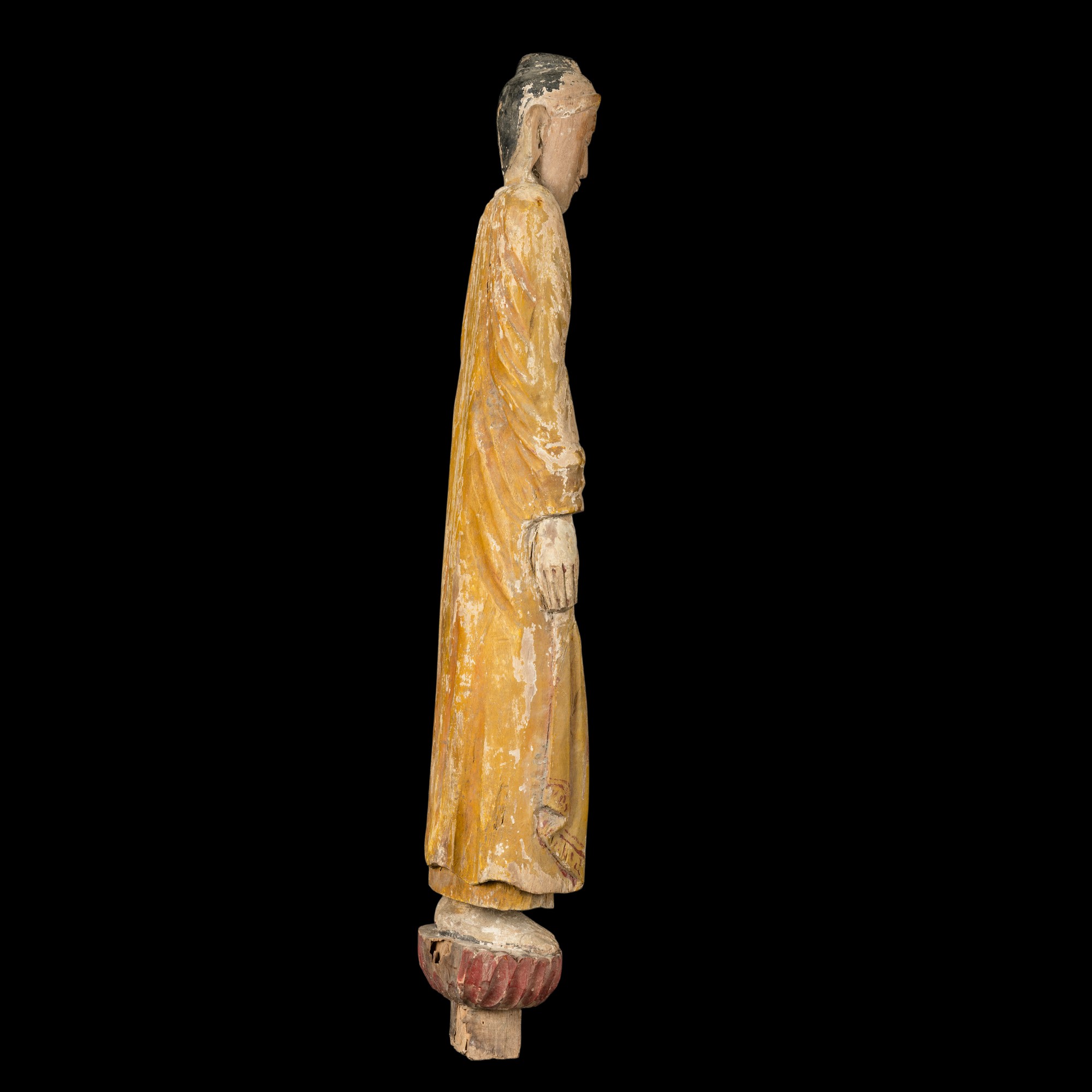 Birmania, Figura di Buddha stante in legno con tracce di policromia, XIX secolo