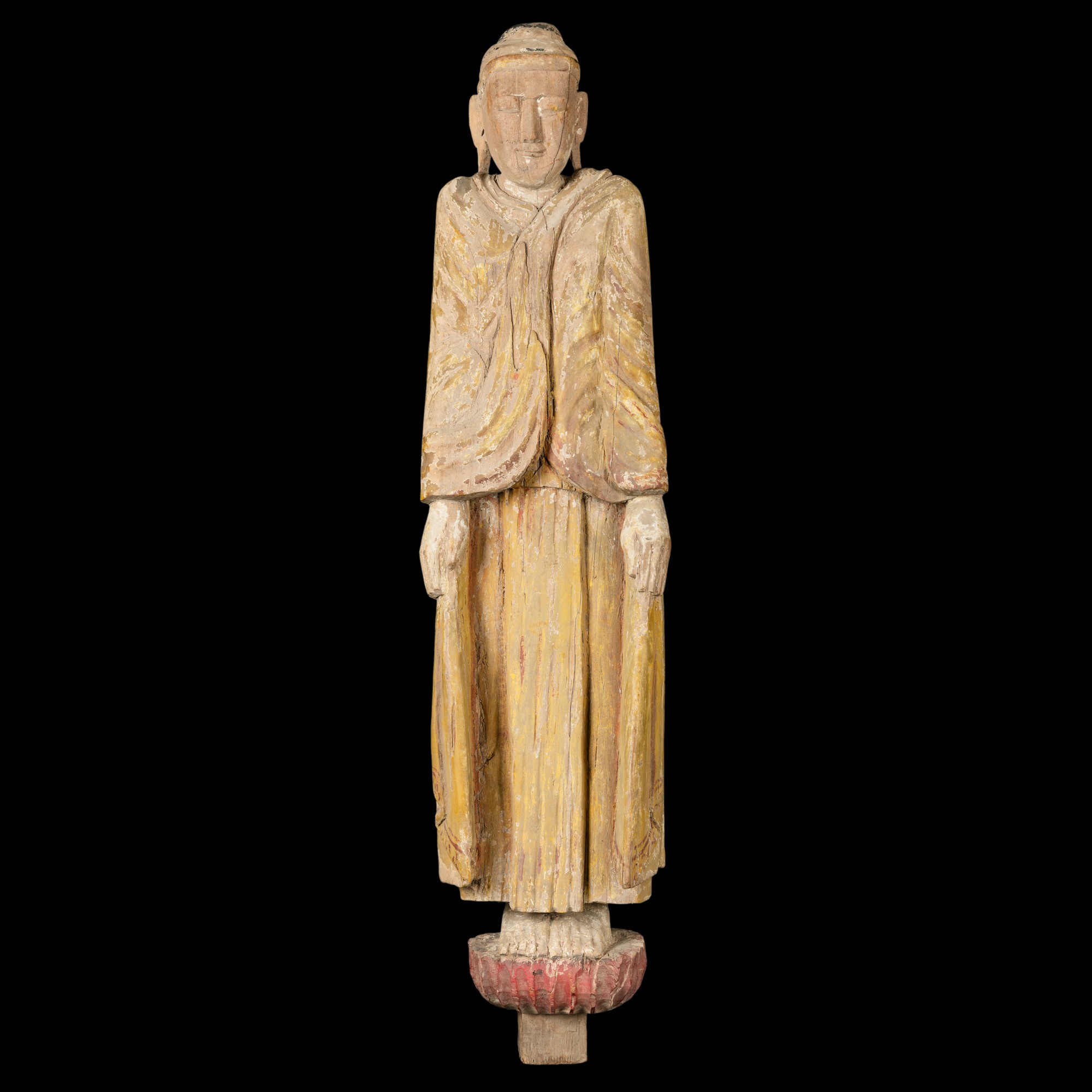 Birmania, Figura di Buddha stante in legno con tracce di policromia, XIX secolo