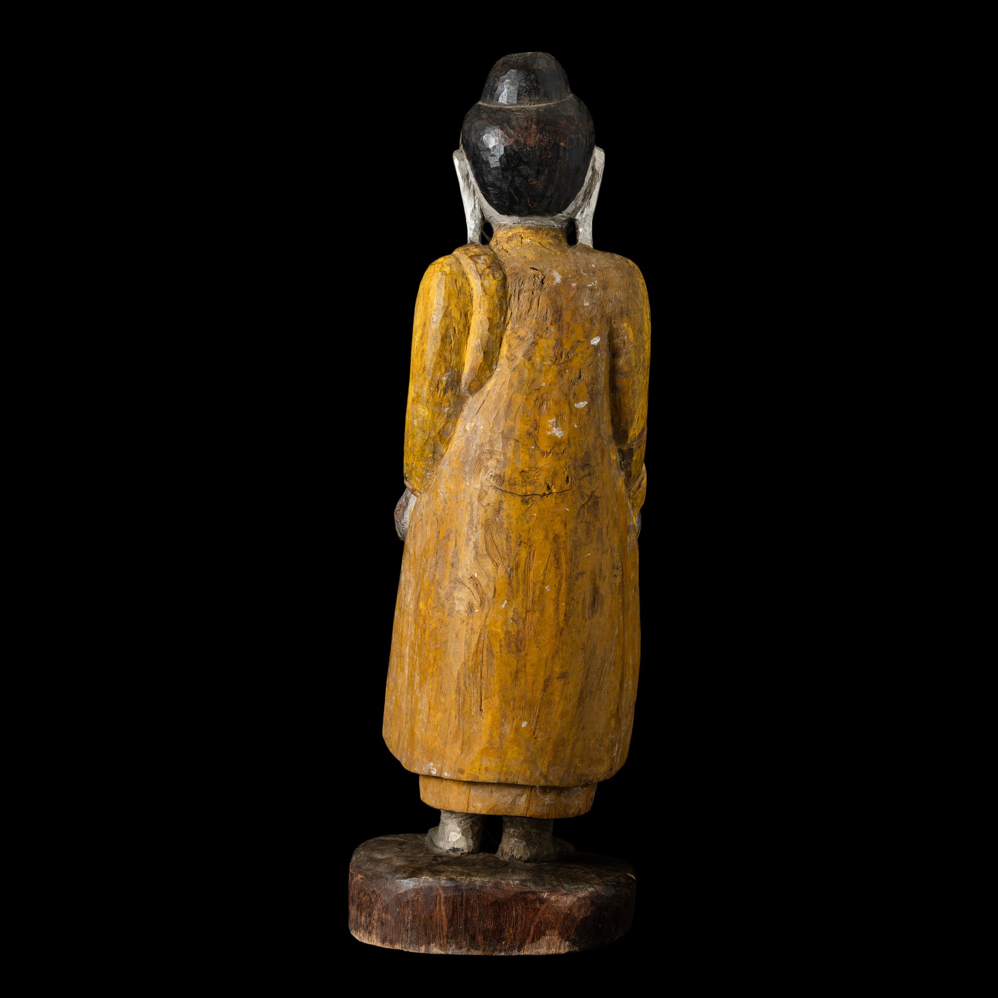 Figura di Buddha stante, scultura in legno dipinto, Birmania, XIX secolo