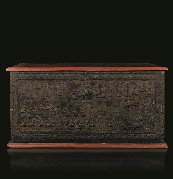 Baule in legno laccato raffigurante scena di Buddha con decori a motivi geometrici, Birmania, XIX secolo