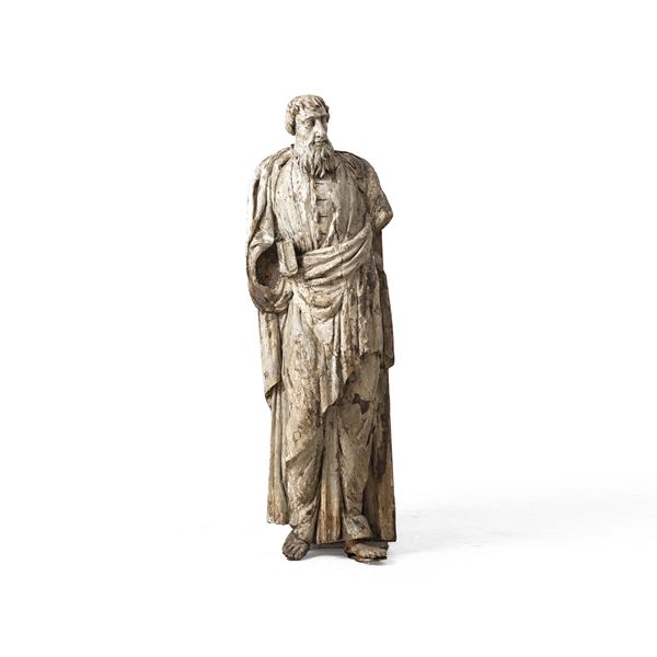 Scultura in legno laccato raffigurante Evangelista, XVIII-XIX secolo