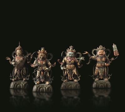 Cina, Quattro figure di saggi in bronzo con tracce di policromia, Dinastia Ming (XVII secolo)