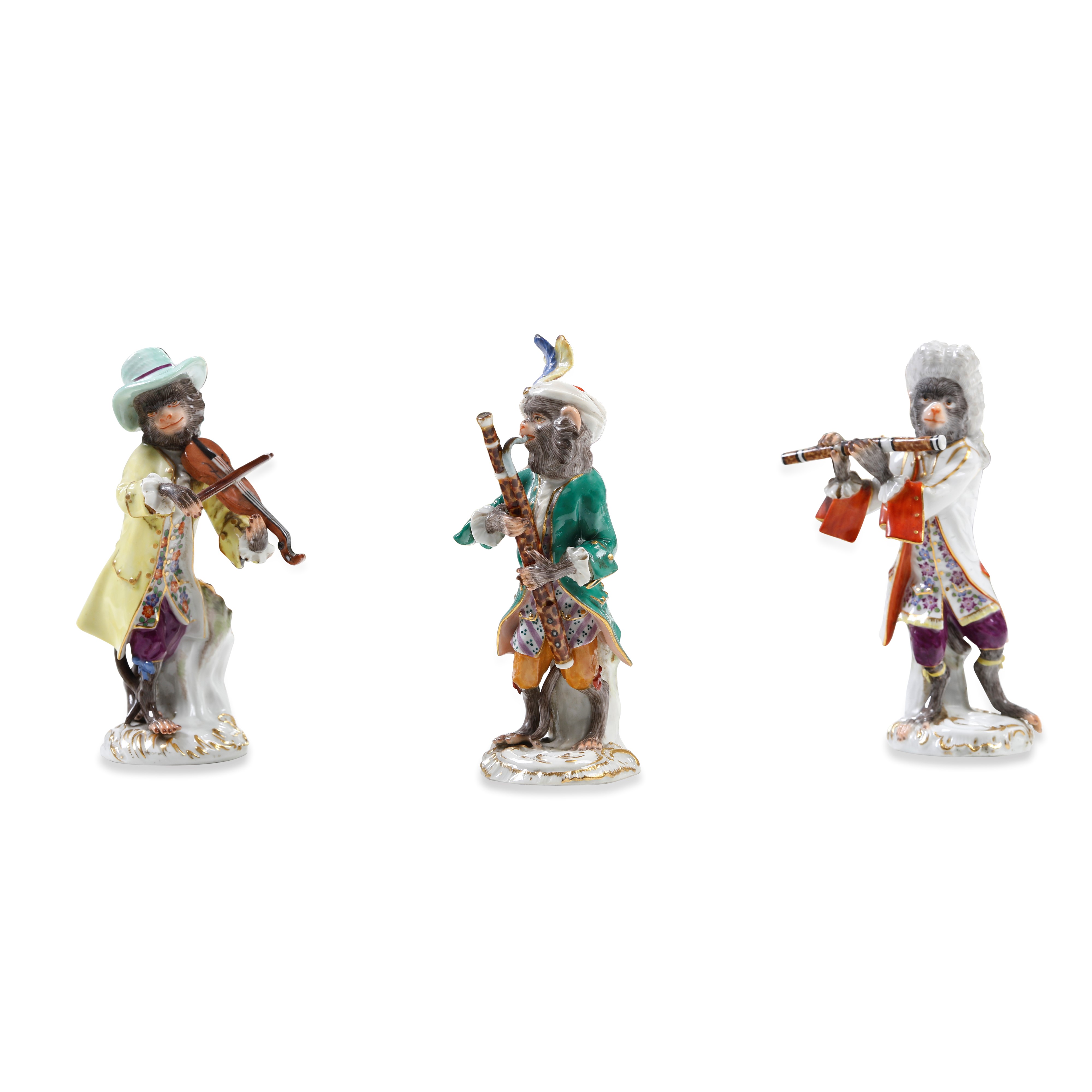 Meissen, Figurine di scimmiette musicanti, modelli di J.J. Kaendler, porcellana, XX secolo
