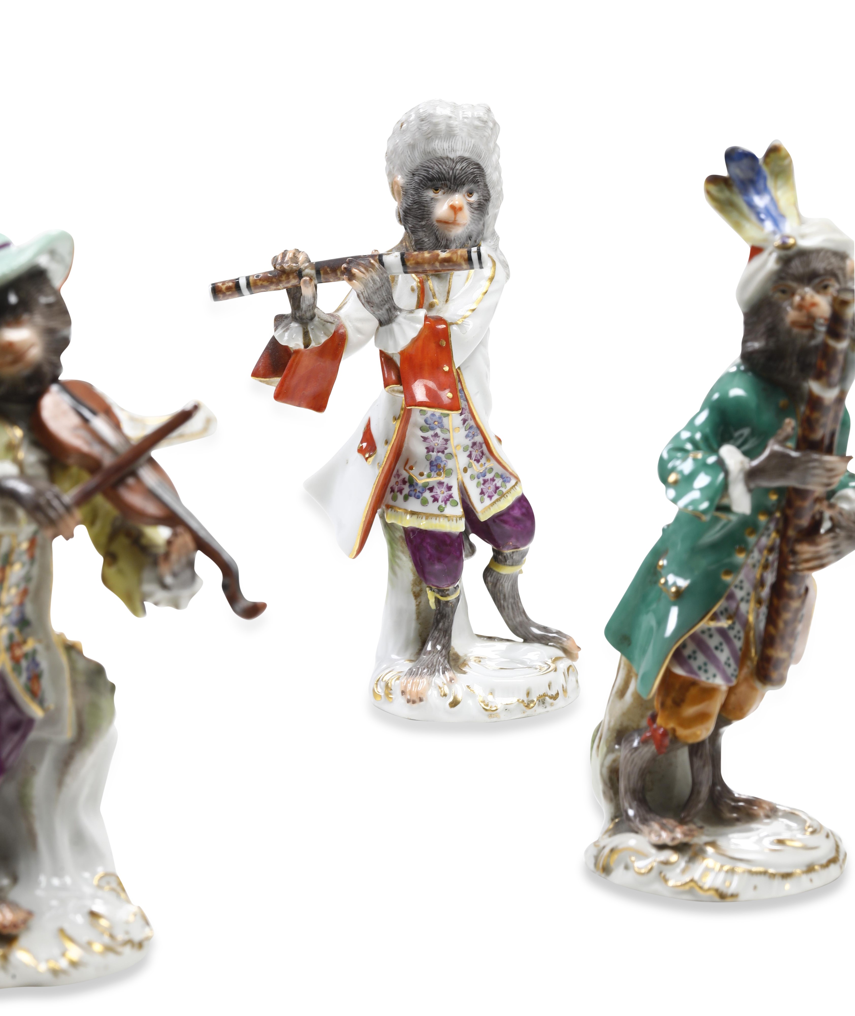 Meissen, Figurine di scimmiette musicanti, modelli di J.J. Kaendler, porcellana, XX secolo