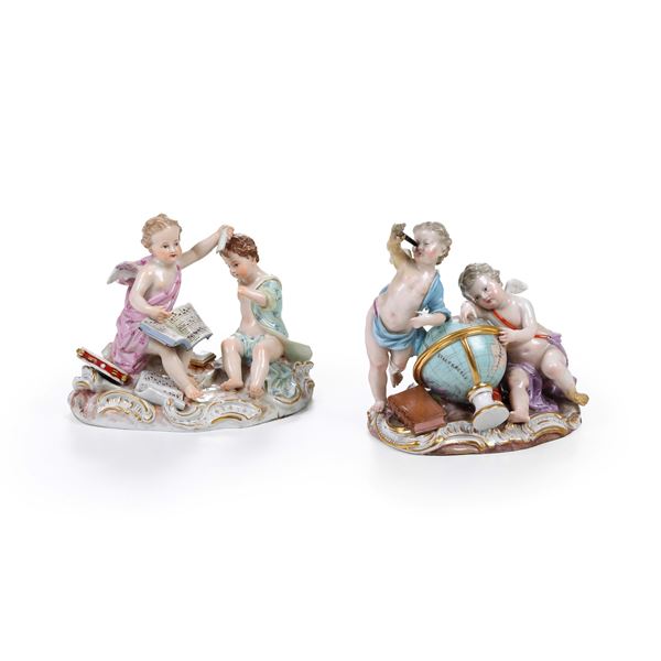 Coppia di gruppi. Allegorie della musica e dell’astronomia. Meissen, verso il 1900.
