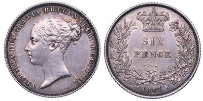 Regno Unito, Vittoria, 6 Pence, 1857, Argento