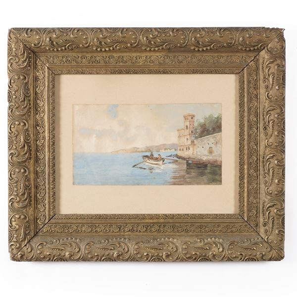 Acquerello su carta, in cornice Personaggi su barca a remi