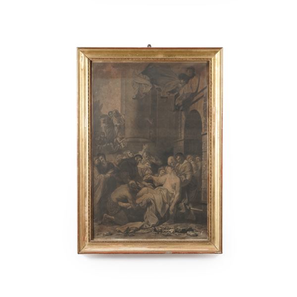 Grande stampa in cornice dorata raffigurante scena religiosa