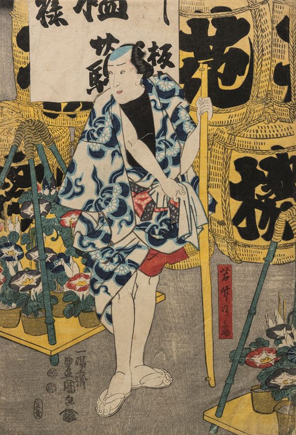 Xilografia raffigurante scena teatrale Kabuki con iscrizioni, Utagawa Kunisada, Giappone, periodo Meiji (1868-1912)