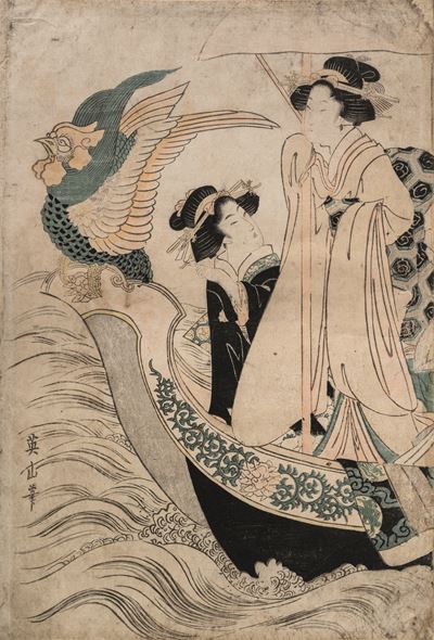 Utagawa Kunisada, Xilografia con due geisha, fenice e iscrizioni (Giappone, periodo Meiji)