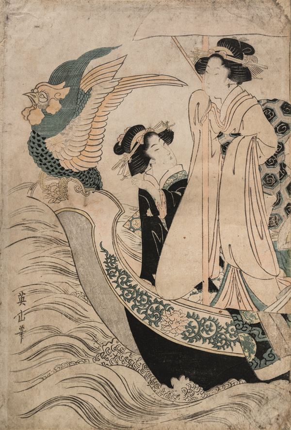 Xilografia raffigurante due Geisha con fenice e iscrizioni, Utagawa Kunisada, Giappone, periodo Meiji (1868-1912)