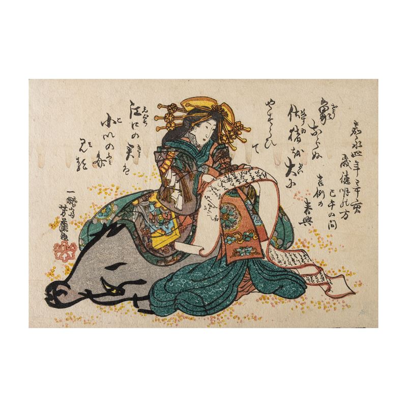 Stampa raffigurante geisha con iscrizioni, Giappone, periodo Meiji (1868-1912)  - Asta Arte Orientale - Cambi Casa d'Aste
