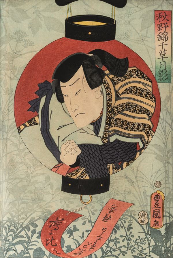 Xilografia raffigurante Samurai con iscrizioni, Utagawa Kunisada, Giappone, periodo Meiji (1868-1912)