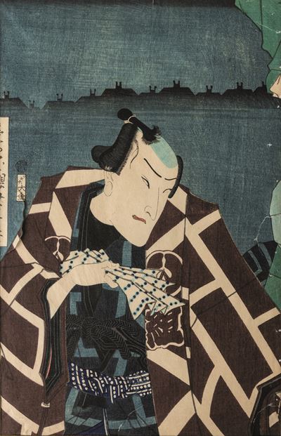 Utagawa Kunisada, Xilografia raffigurante Samurai con iscrizioni