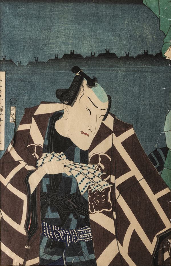 Xilografia raffigurante Samurai con iscrizioni, Utagawa Kunisada, Giappone, periodo Meiji (1868-1912)