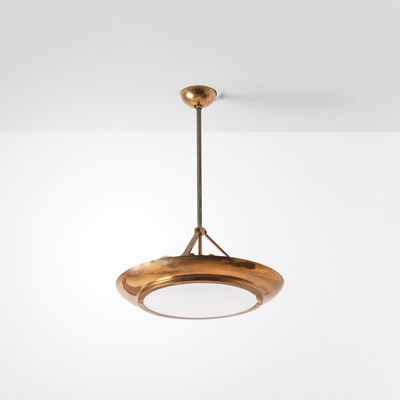 Lampada a sospensione in rame con diffusore in vetro satinato