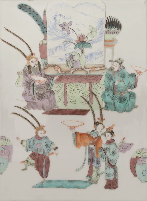 Porcelain plaque in famille rose enamels depicting a court scene, China, Qing Dynasty, late 19th century.