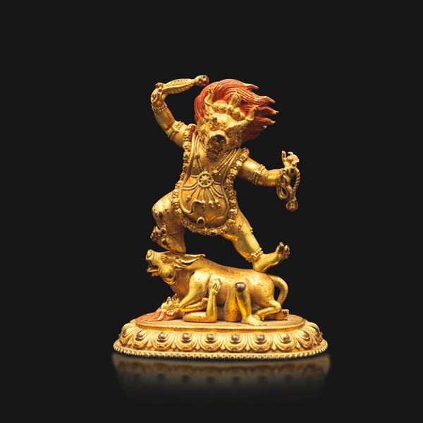 Miniatura di Outer Yama su fiore di loto in bronzo dorato con tracce di policromia, Tibet, XVIII secolo