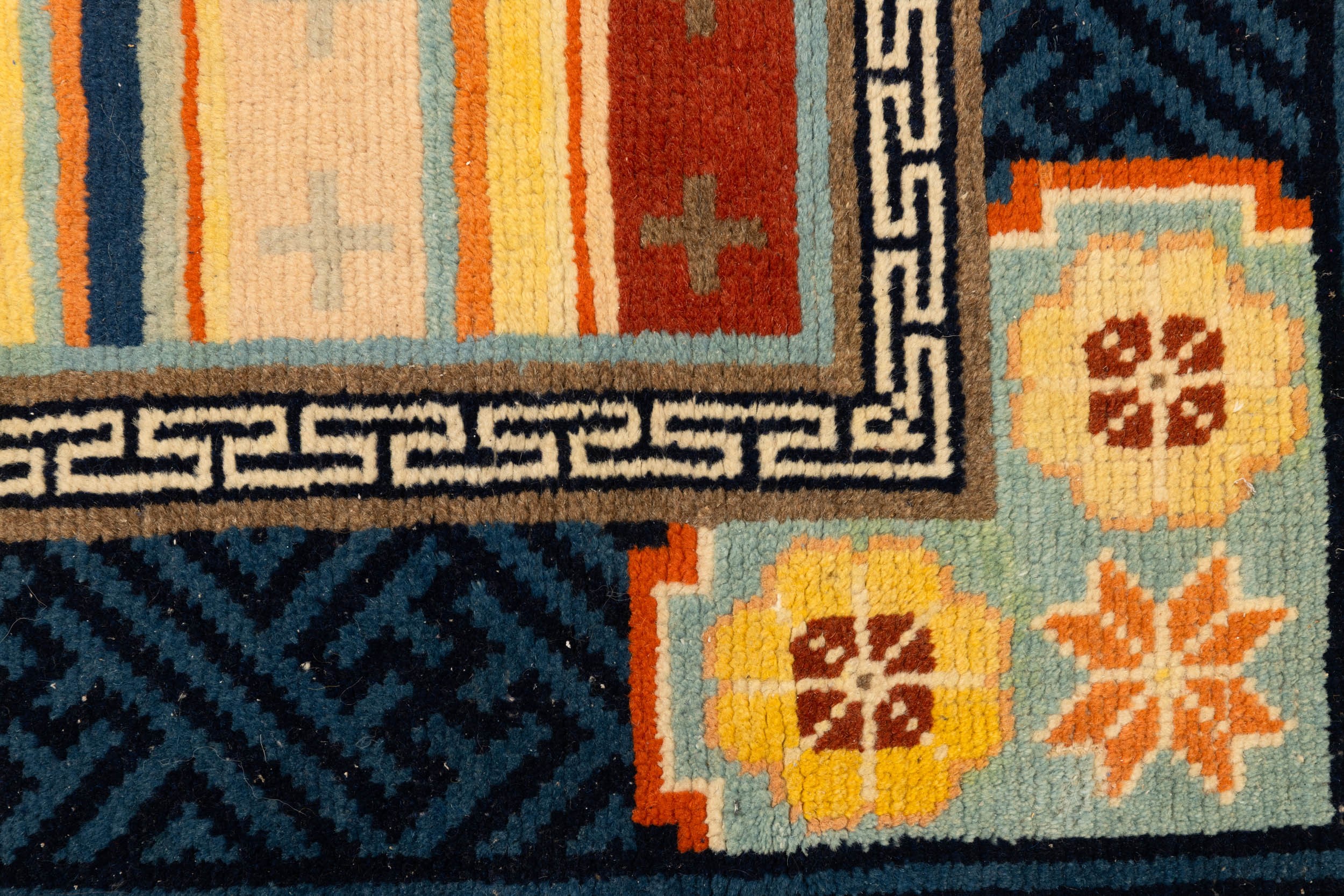 Tappeto, decori geometrici su fondo blu, Tibet, XIX secolo