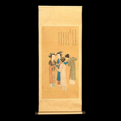 Cina, Scroll stampato con gentildonne e iscrizioni, XX secolo