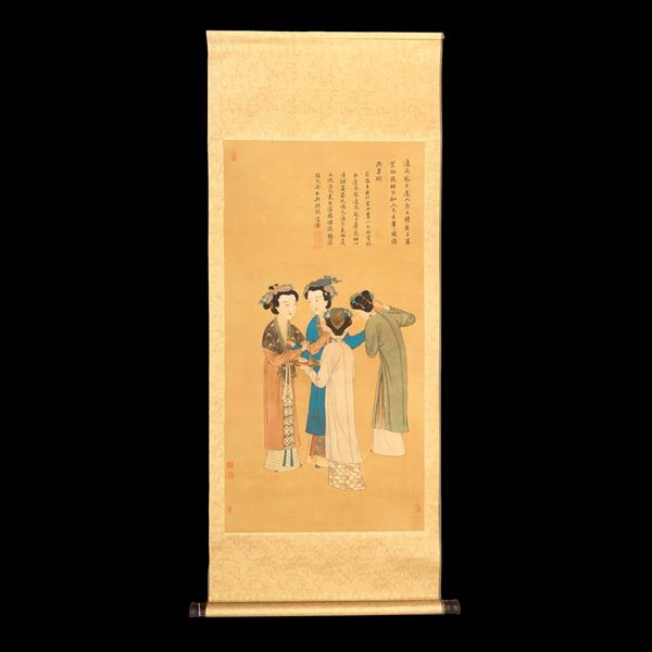 Scroll stampato raffigurante gentildonne con iscrizioni, Cina, XX secolo