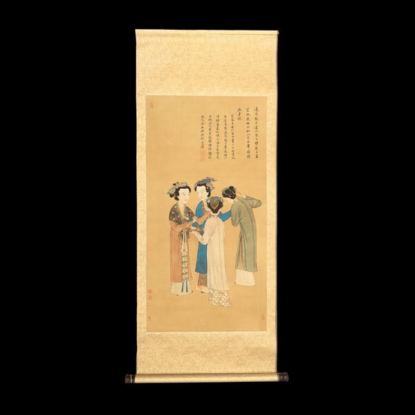 Scroll stampato raffigurante gentildonne con iscrizioni, Cina, XX secolo