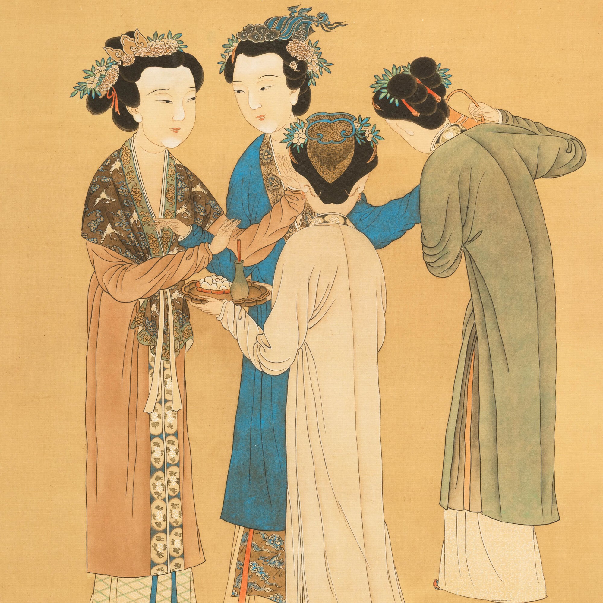 Cina, Scroll stampato con gentildonne e iscrizioni, XX secolo