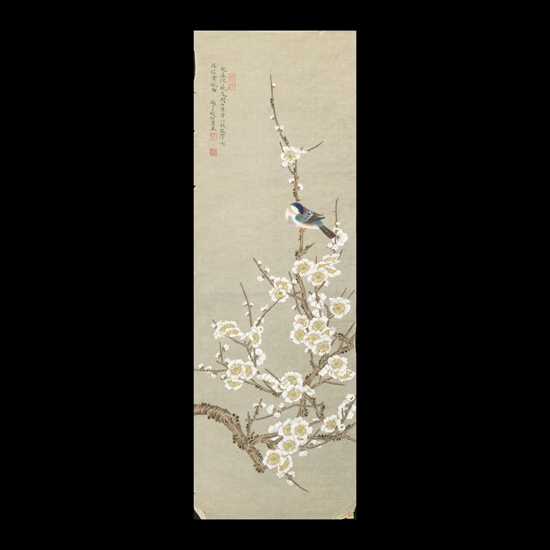 Scroll stampato raffigurante scena paesaggistica con uccello e iscrizioni, XX secolo  - Auction Asian Art - Cambi Casa d'Aste