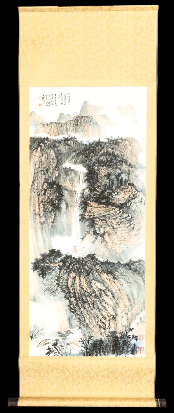 Scroll stampato raffigurante scena paesaggistica con iscrizioni, Cina, XX secolo