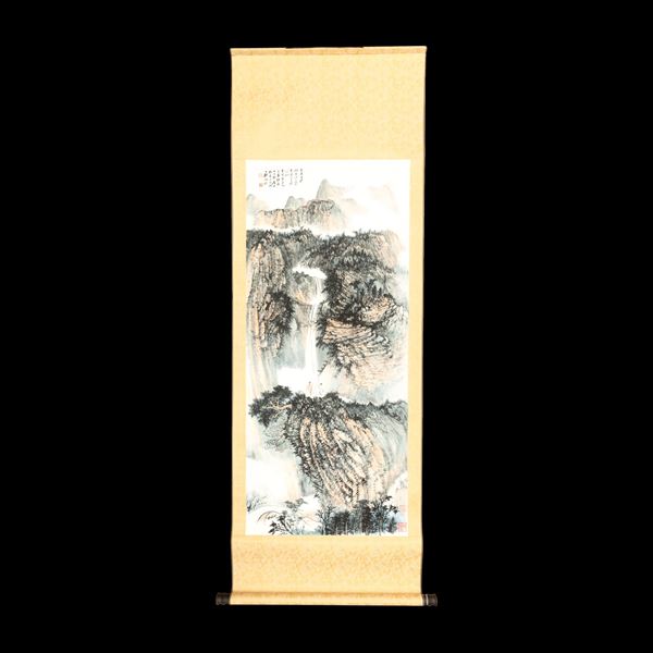 Scroll stampato raffigurante scena paesaggistica con iscrizioni, Cina, XX secolo