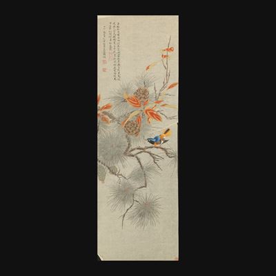 Scena paesaggistica con fiori e uccello, stampato su scroll, XX secolo