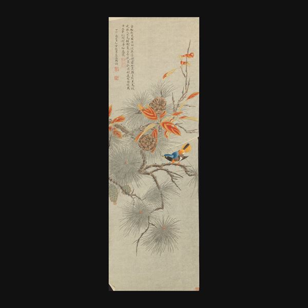 Scroll stampato raffigurante scena paesaggistica con fiori, uccello e iscrizioni, XX secolo