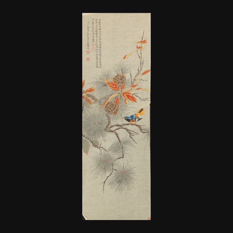Scroll stampato raffigurante scena paesaggistica con fiori, uccello e iscrizioni, XX secolo  - Asta Arte Orientale - Cambi Casa d'Aste