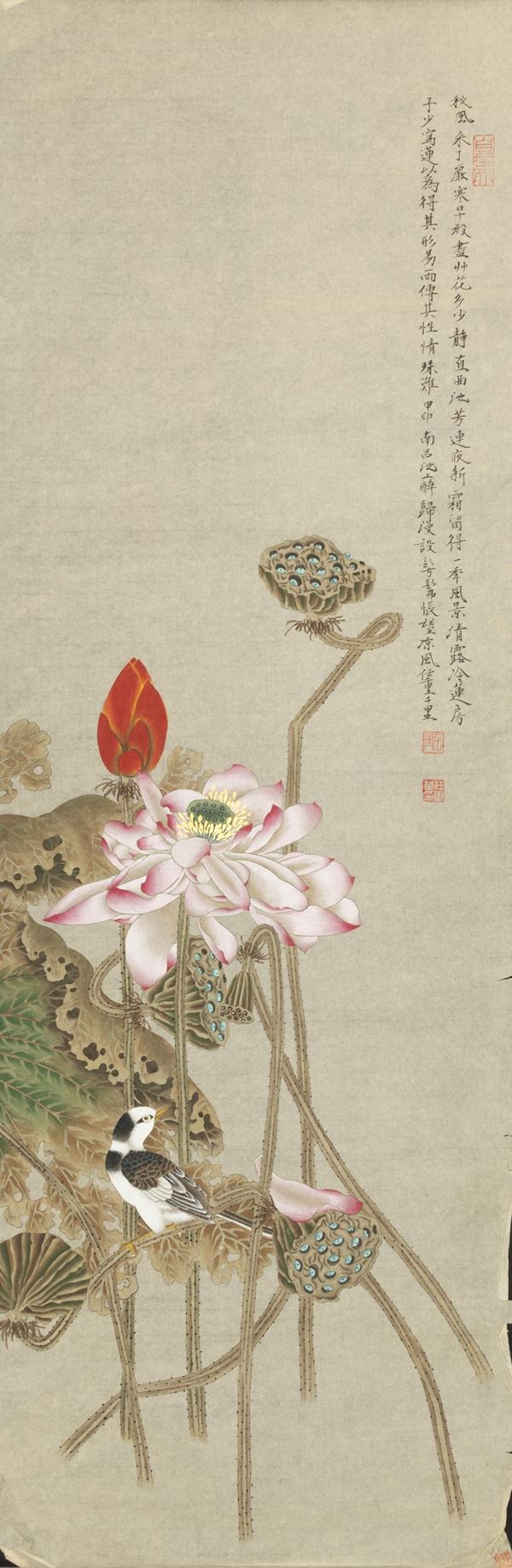 Scroll stampato raffigurante scena paesaggistica con uccello, fiori e iscrizioni, XX secolo