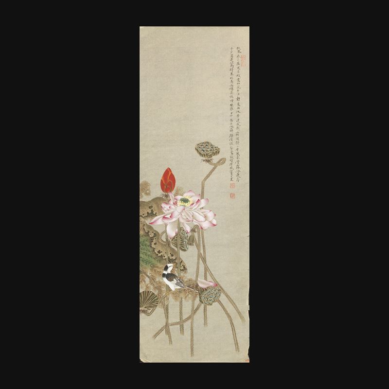 Scroll stampato raffigurante scena paesaggistica con uccello, fiori e iscrizioni, XX secolo  - Asta Arte Orientale - Cambi Casa d'Aste