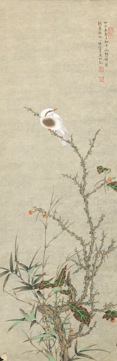 Scroll, stampa a soggetto naturalistico con uccello e iscrizioni, XX secolo