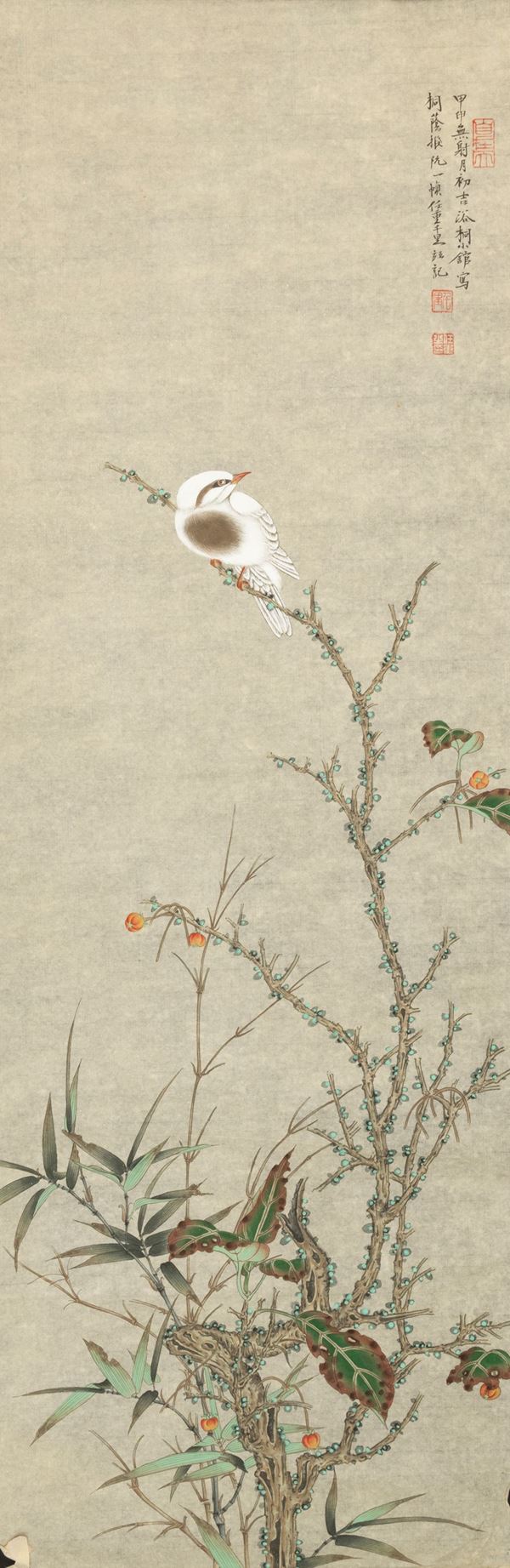 Scroll stampato a soggetto naturalistico con uccello e iscrizioni, XX secolo