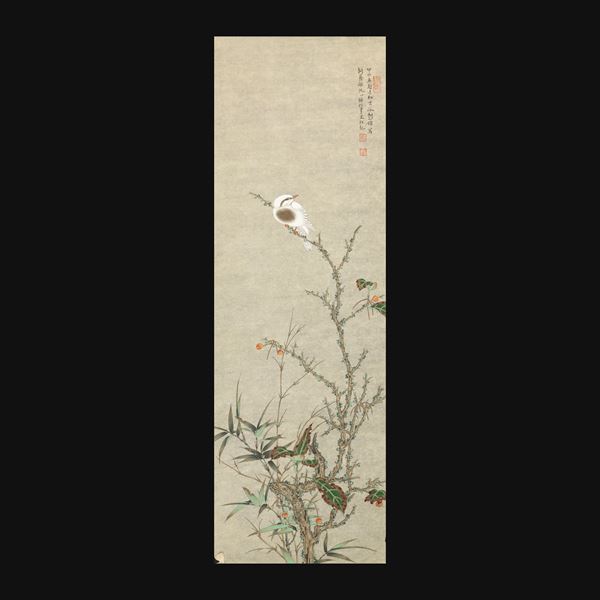 Scroll stampato a soggetto naturalistico con uccello e iscrizioni, XX secolo