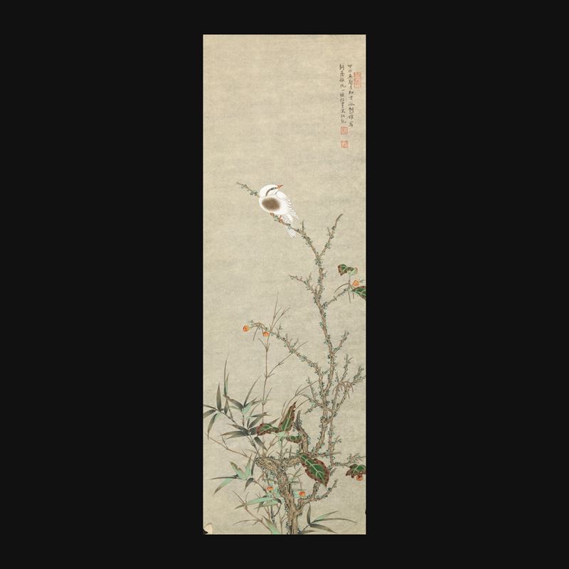 Scroll stampato a soggetto naturalistico con uccello e iscrizioni, XX secolo  - Auction Asian Art - Cambi Casa d'Aste
