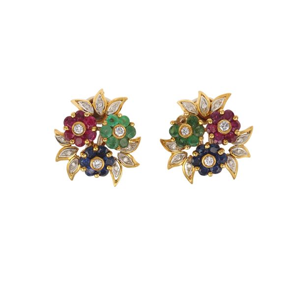 Pair of diamond, gem-set and gold earrings