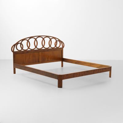 Prodotto in Italia, Letto in legno e impiallacciatura di radica (stile art-nouveau/art-deco), 196...