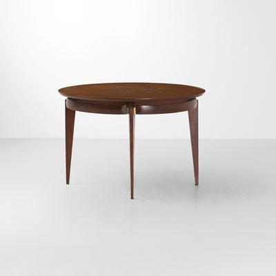 Tavolo, struttura in legno e legno impiallacciato con dettagli in ottone (produzione italiana, ca...