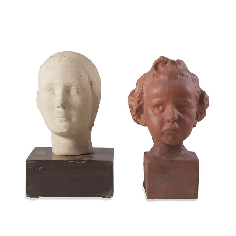 Testa femminile  e testa di fanciullo, XX secolo  - Asta Oggetti d'Arte - La Wunderkammer di Ettore Mocchetti - Cambi Casa d'Aste