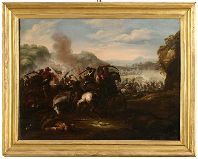 Scuola del XVII secolo, Scontro di cavalleria, olio su tela