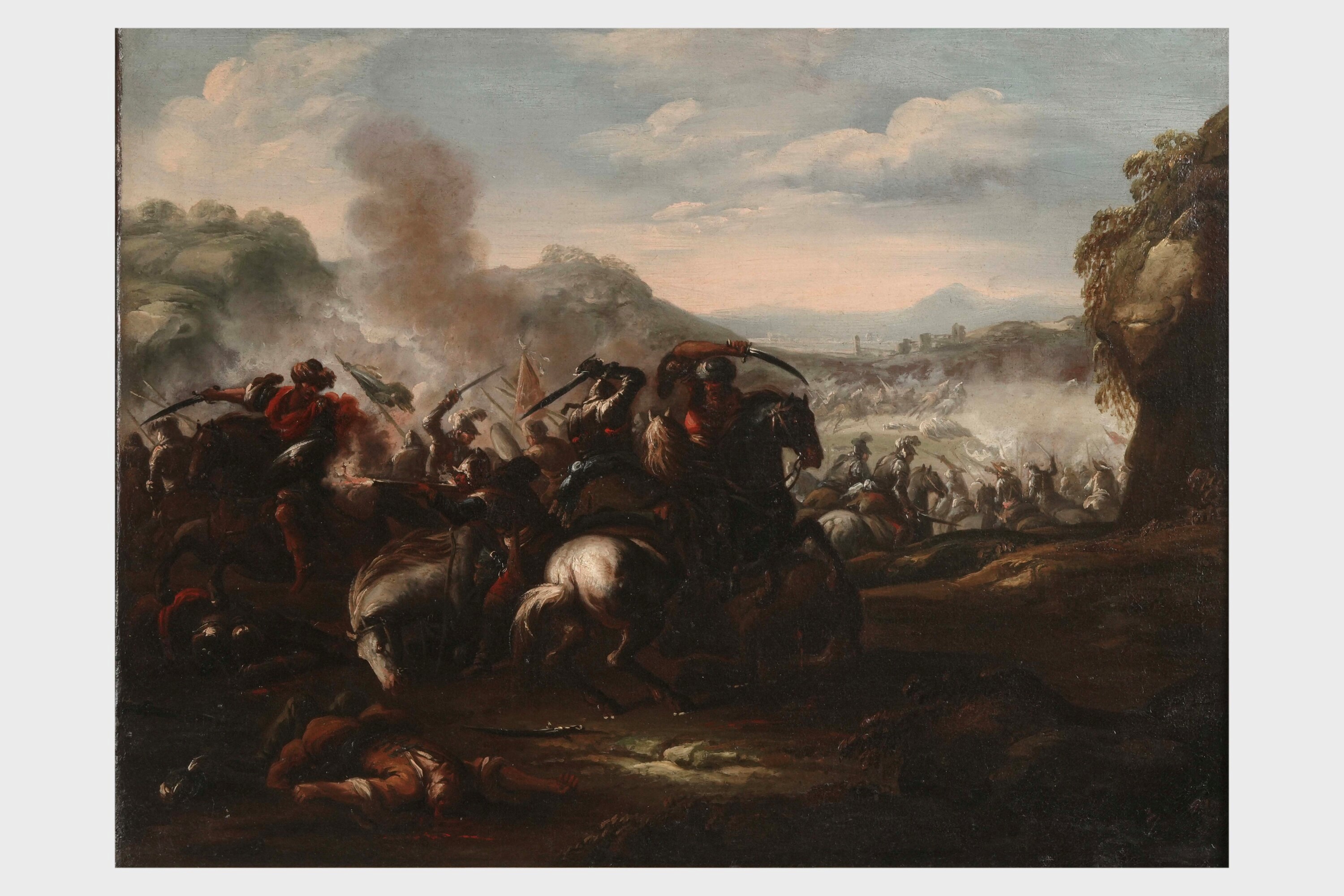 Scuola del XVII secolo, Scontro di cavalleria, olio su tela