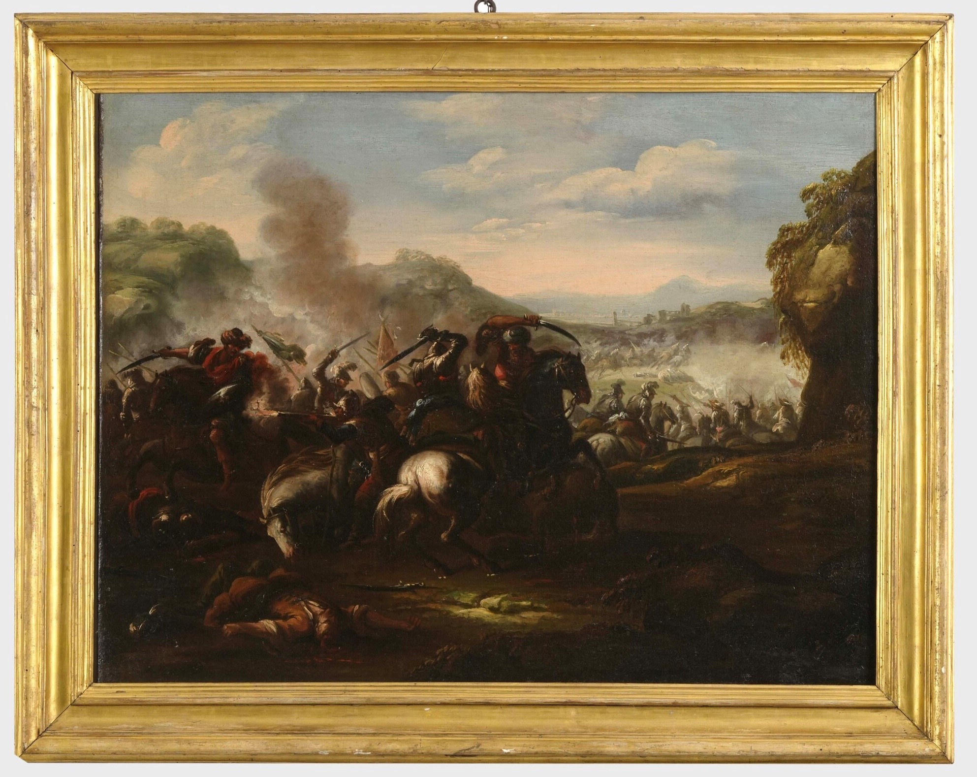 Scuola del XVII secolo, Scontro di cavalleria, olio su tela