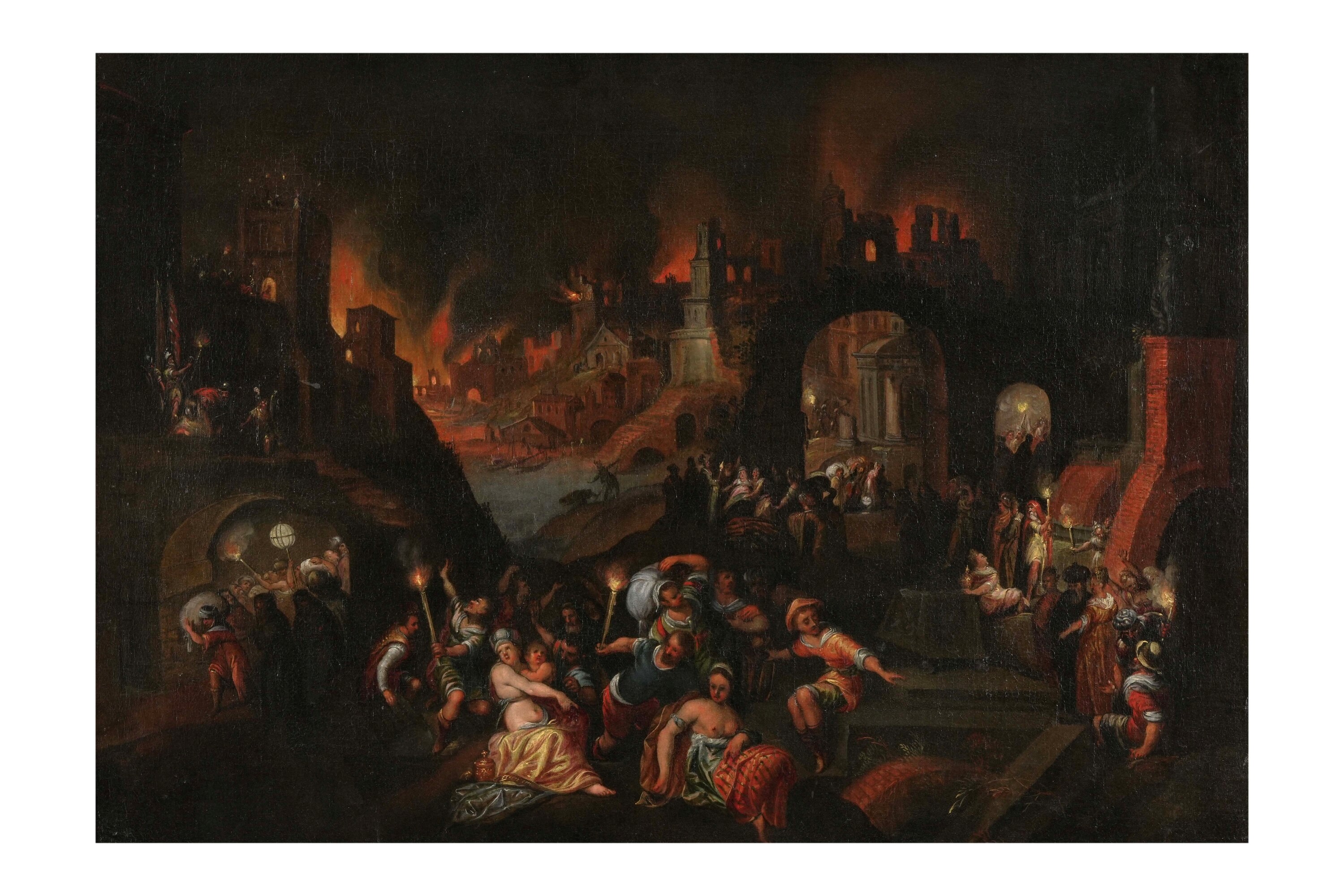 Gillis Van Valckenborch - Fuga da una città in fiamme, olio su tela